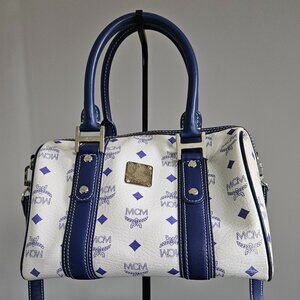 MCM Blue & White Boston Bag w/Crossbody Strap - EUC